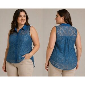 Decree Blue Floral Lace Sleeveless Button Front Collared Blouse Top Womens L...